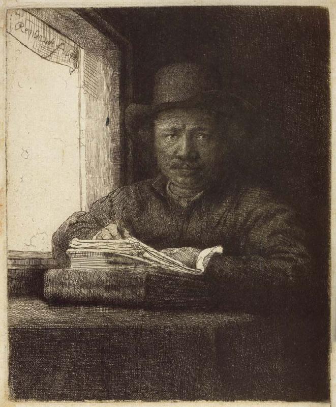 REMBRANDT Harmenszoon van Rijn Self-Portrait,Etching at a Window Norge oil painting art